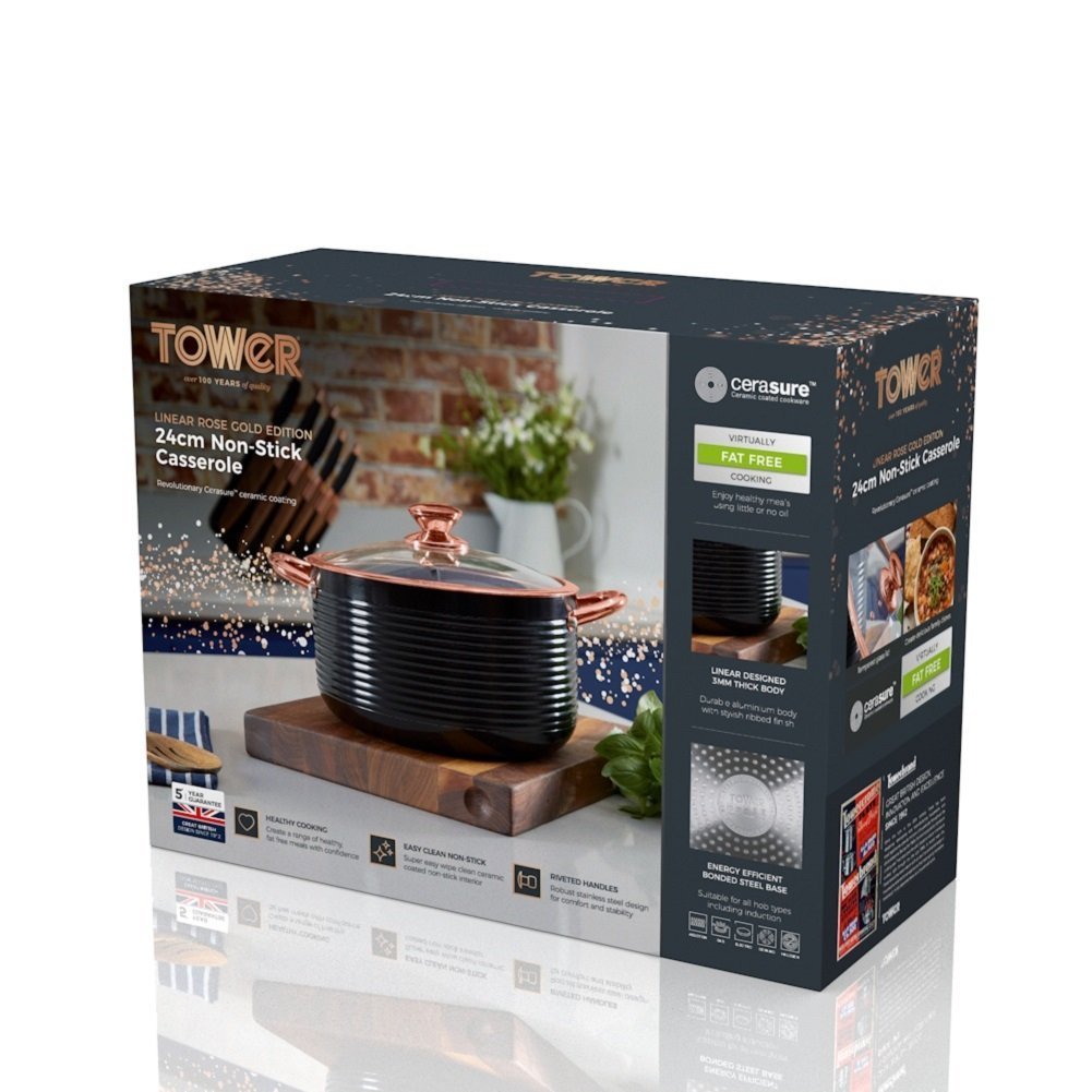 Tower Linear Casserole Dish with Lid | Non-Stick Aluminium, 4L - Rose Gold