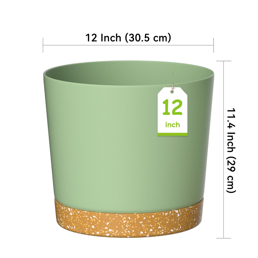 ZMTECH 30.5cm Modern Plastic Plant Pots with Drainage - Set of 2, Green
