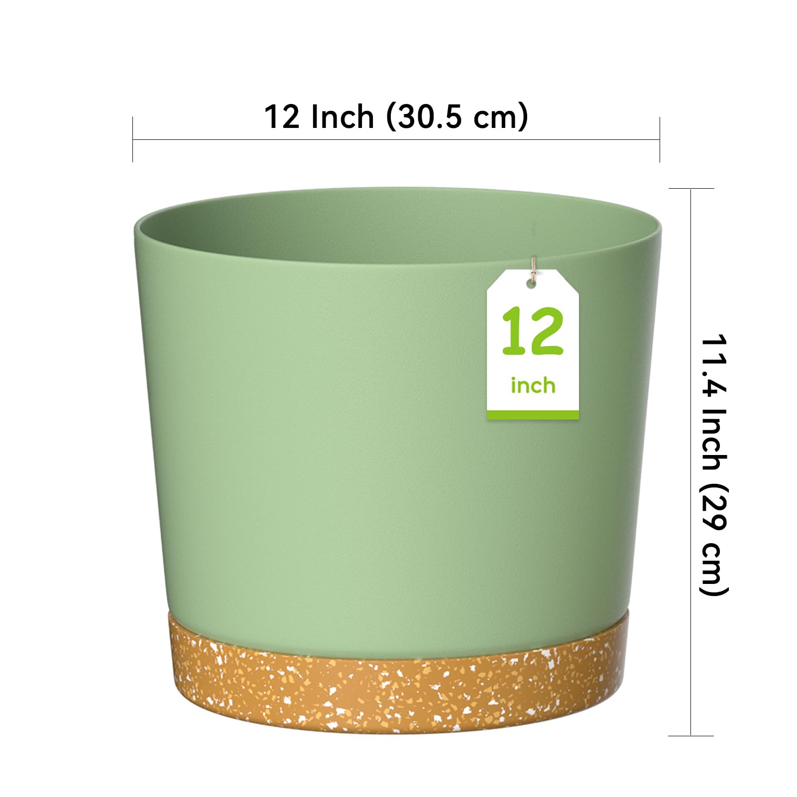 ZMTECH 30.5cm Modern Plastic Plant Pots with Drainage - Set of 2, Green