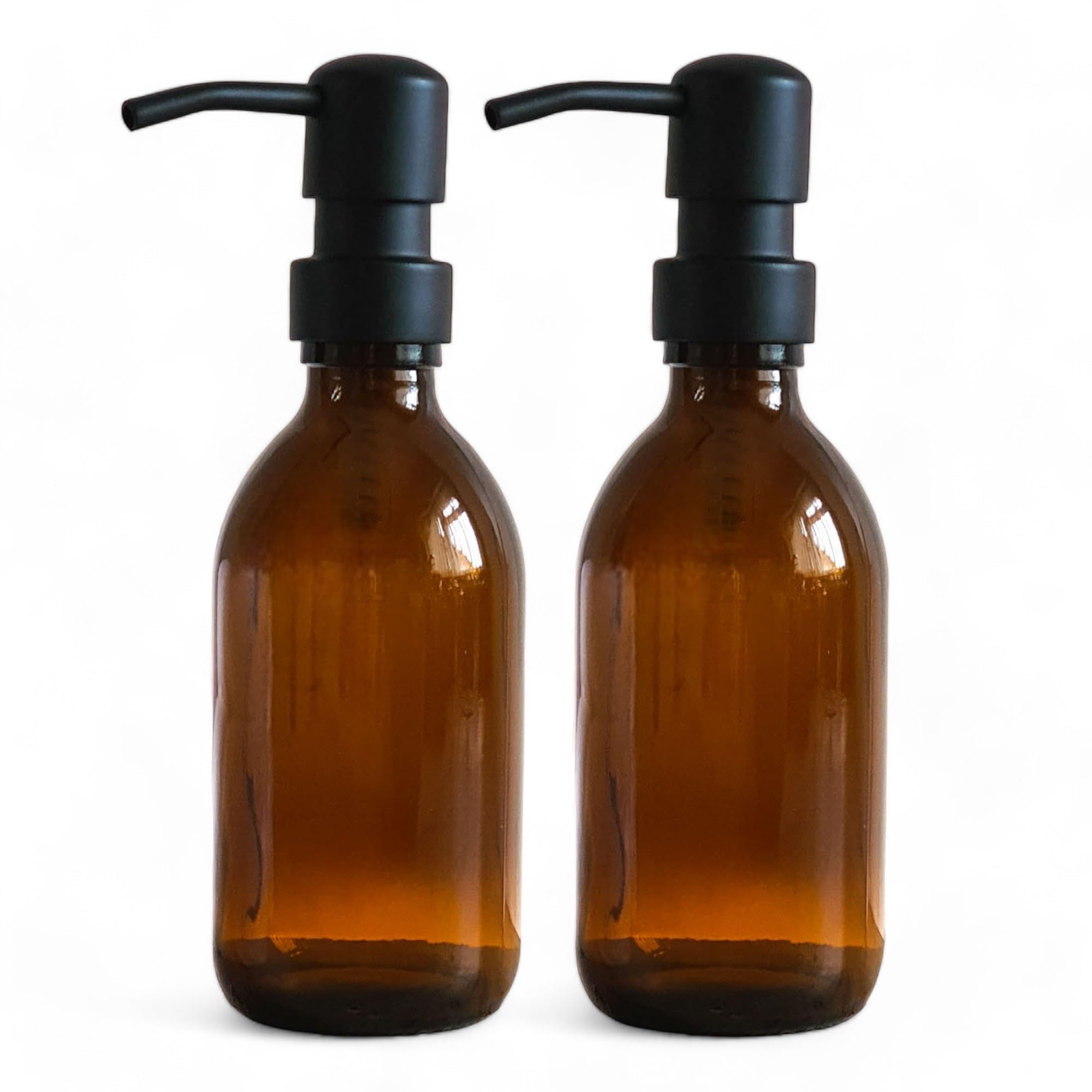 Avalon Amber Glass Soap Dispenser Bottles with Matt Black Metal Pumps