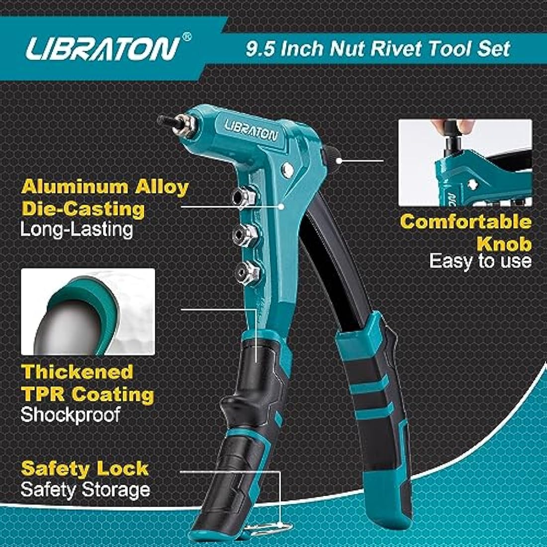Libraton 9.5" Rivet Nut Tool Kit | One-Handed Riveter with 40 Nuts
