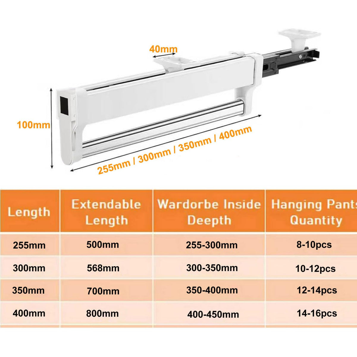 Pull Out Clothes Hanger Rail, Adjustable Heavy Duty Steel Clothes Storage Valet Rod for Wardrobe Trousers Clothing Storage Space Saving,High Load - image 3
