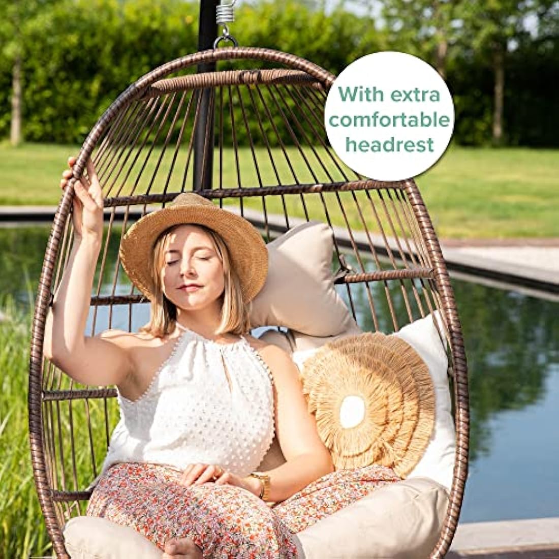 Vita5 Foldable Hanging Egg Chair with Frame | Polyrattan Swing – Beige