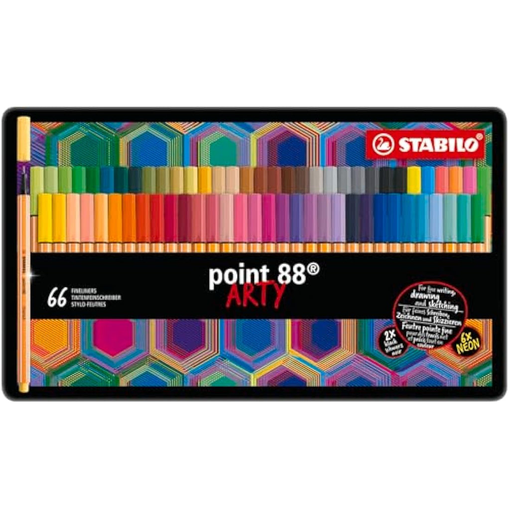 STABILO Point 88 Fineliner Pens - ARTY Metal Tin of 66 Assorted Colours