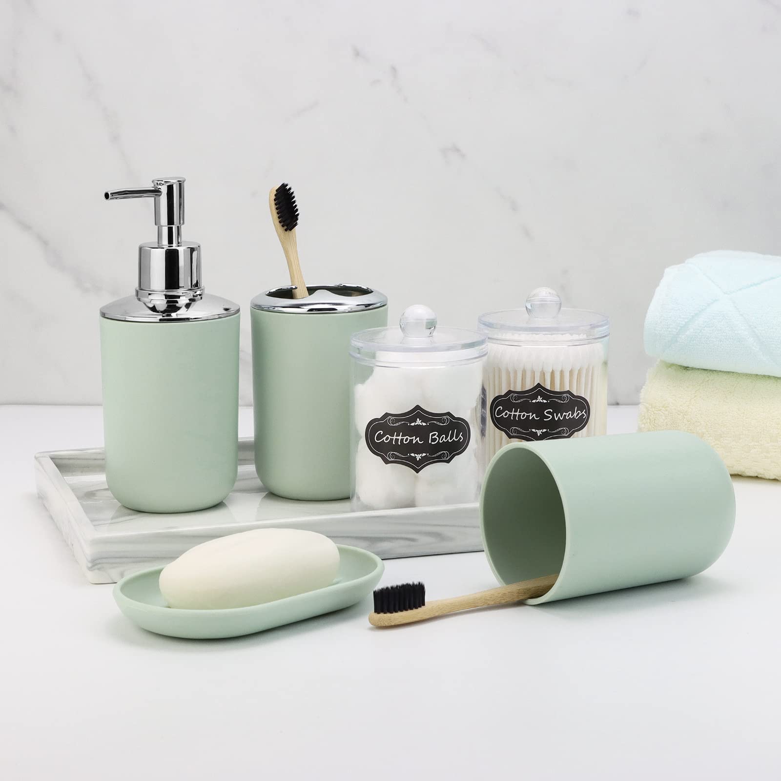 IMAVO 8-Piece Bathroom Accessory Set with Trash Can - Green Plastic Decor