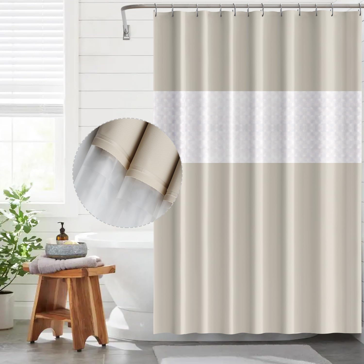 Funria Beige Shower Curtain | Waterproof Semi-Transparent EVA Liner