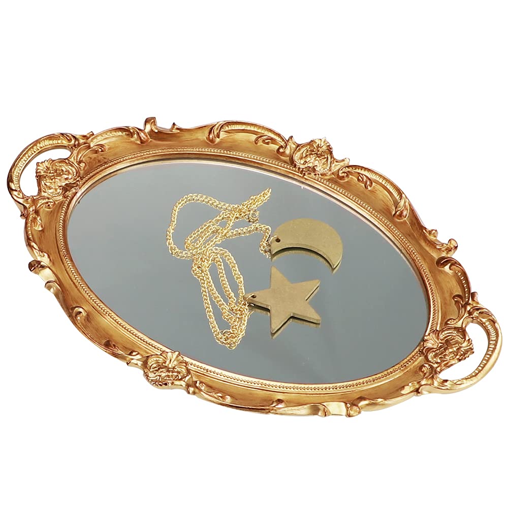 Vintage Gold Mirror Tray – Oval Jewelry and Makeup Organizer
