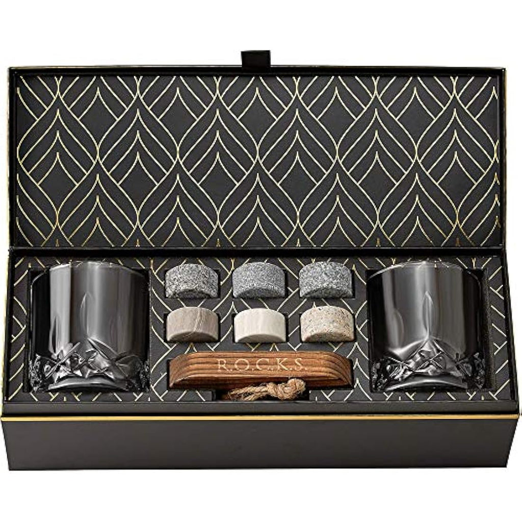 ROCKS Whiskey Chilling Stones Gift Set | 6 Granite Rocks & 2 Crystal Glasses