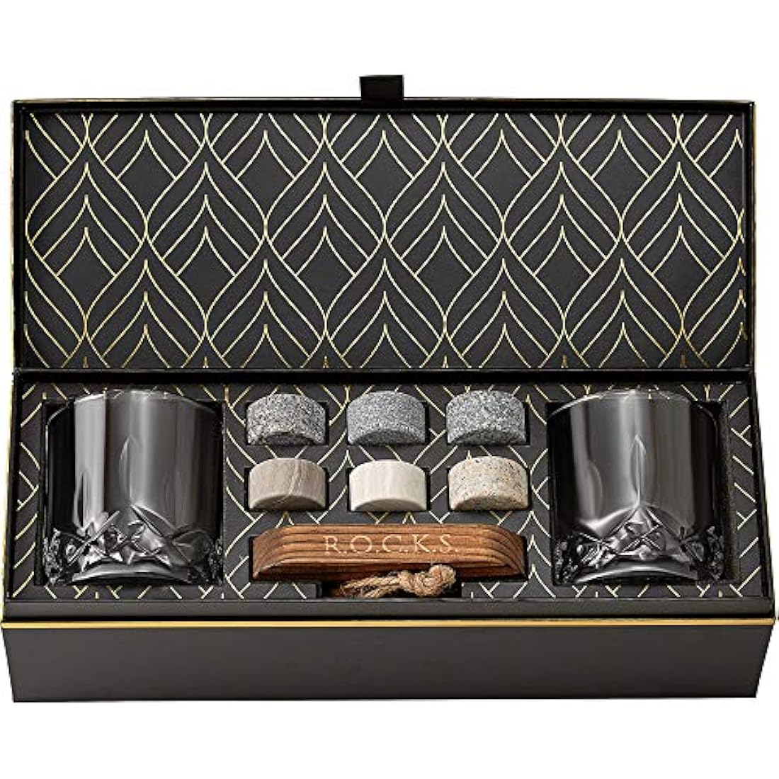 ROCKS Whiskey Chilling Stones Gift Set | 6 Granite Rocks & 2 Crystal Glasses