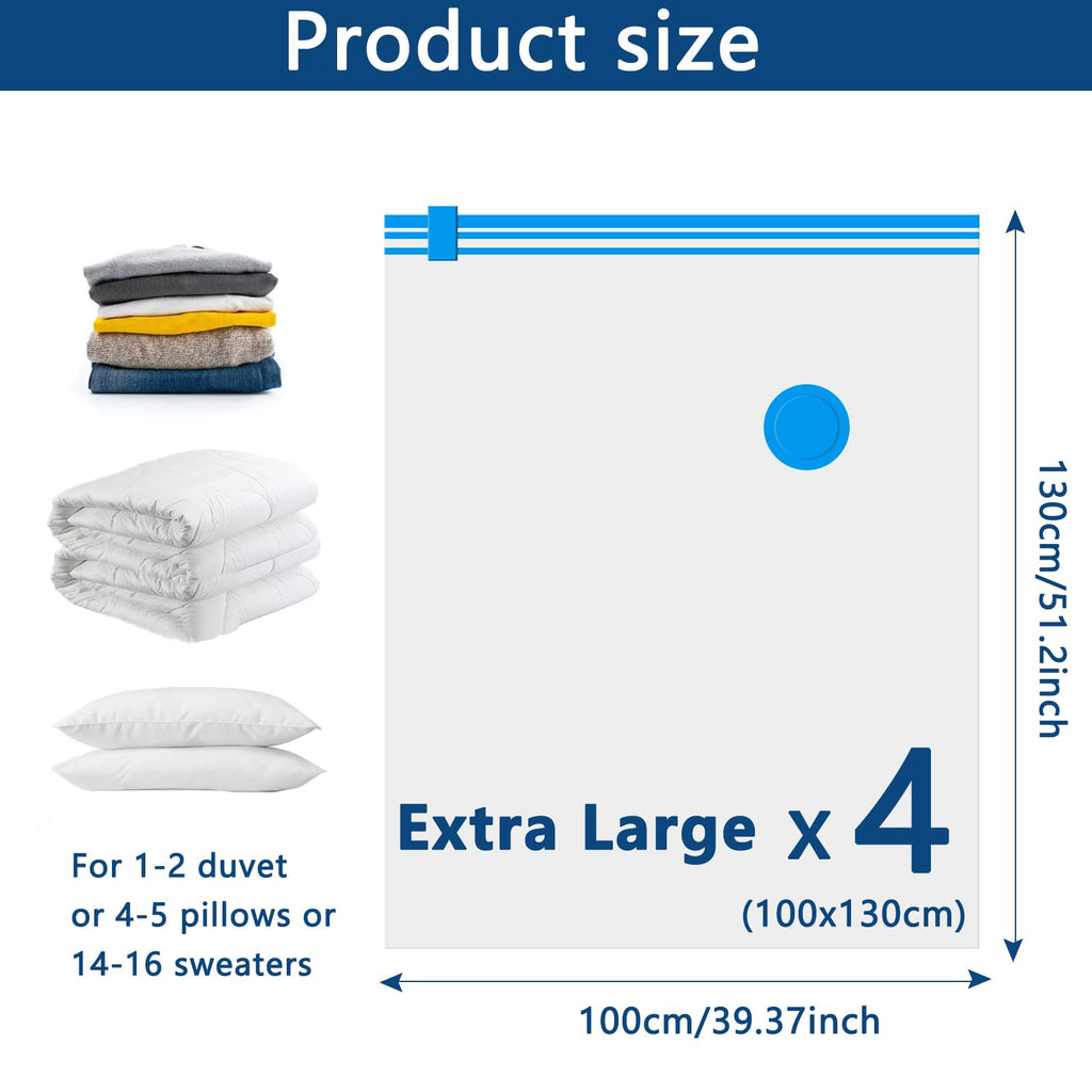 Vacuum Storage Bags - 4 Pack Extra Large 100X130cm Space Saver Sealer Compression Bags, Reusable Vacuum Bags for Storage Clothes, Duvets, Bedding