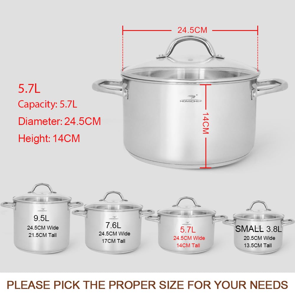 HOMICHEF Nickel Free Stainless Steel Stock Pot with Lid - 5.7L / 6QT