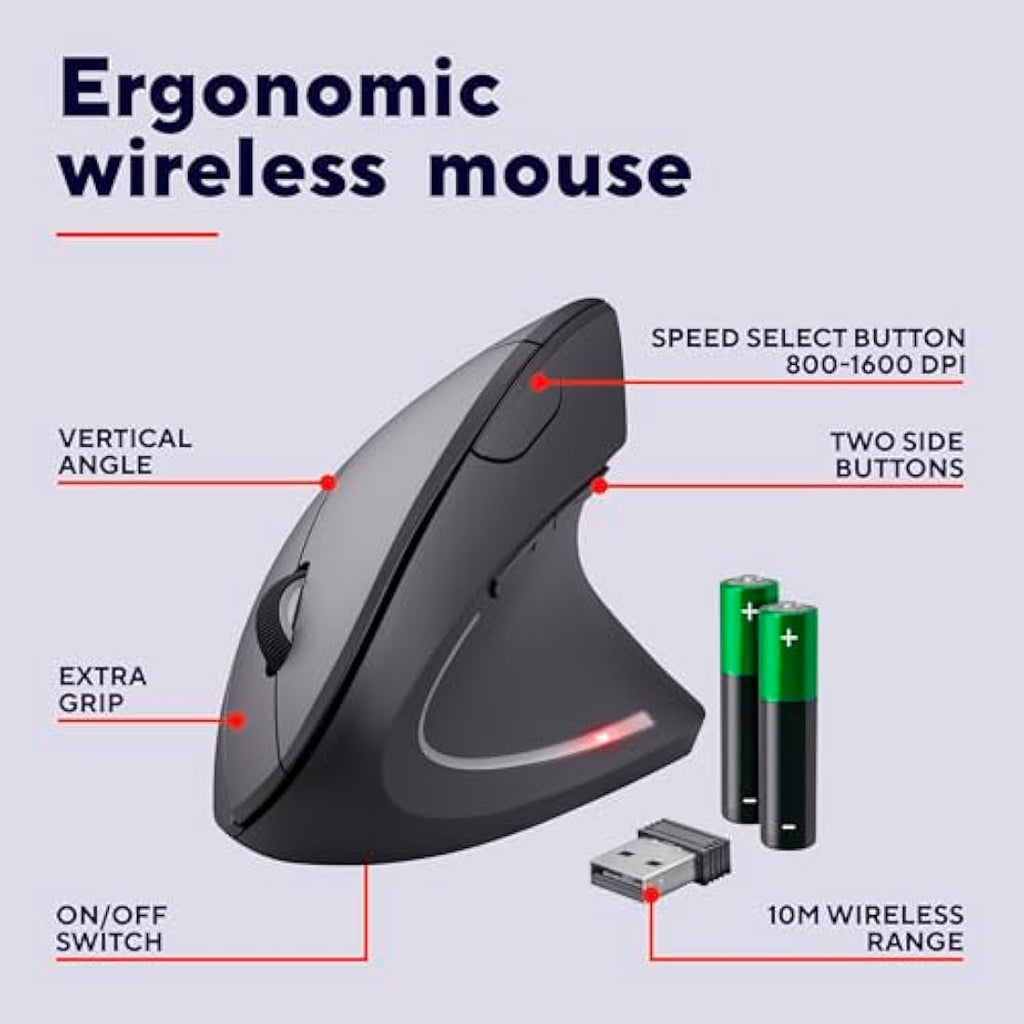 Trust Verto Wireless Vertical Ergonomic Mouse | 1600 DPI - Black