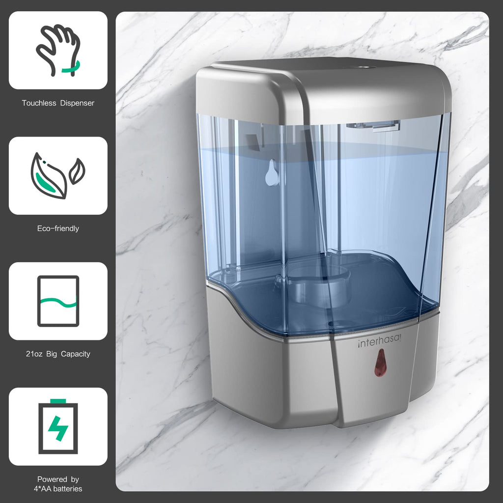 interhas! Automatic Wall Mounted Commercial Hand Sanitizer Dispenser - Liquid/Gel Touchless, 600ml/20oz Silver