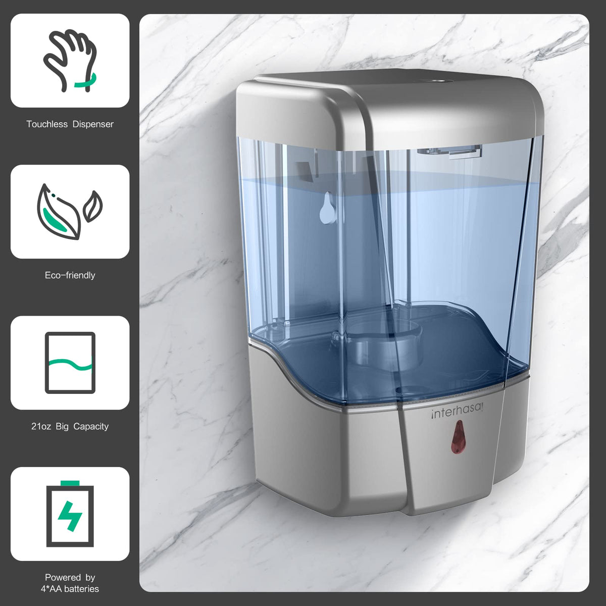 interhas! Automatic Wall Mounted Commercial Hand Sanitizer Dispenser - Liquid/Gel Touchless, 600ml/20oz Silver