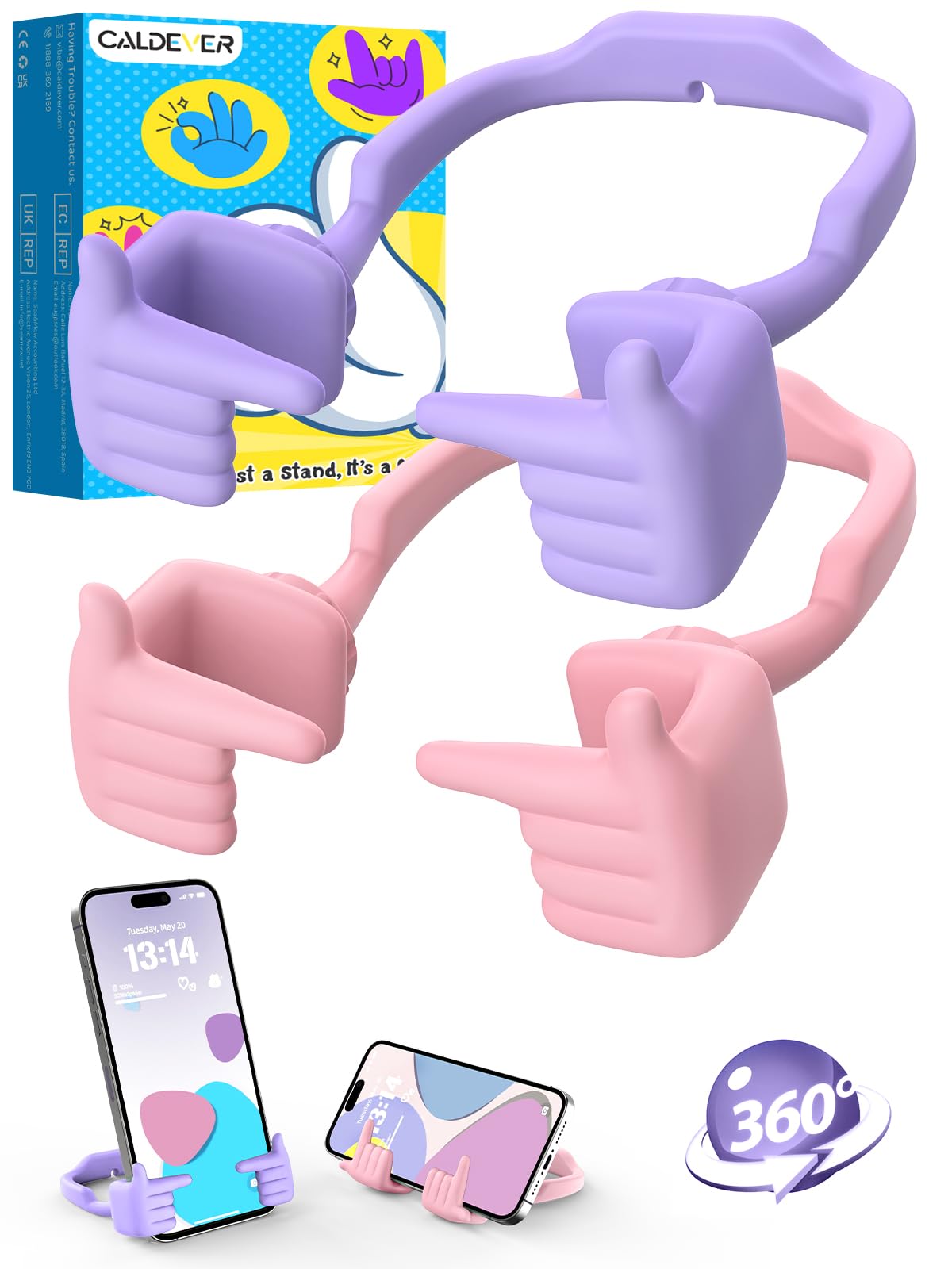 CALDEVER Adjustable Shy Fingers Phone Stand for Desk, 2-Pack Purple & Pink