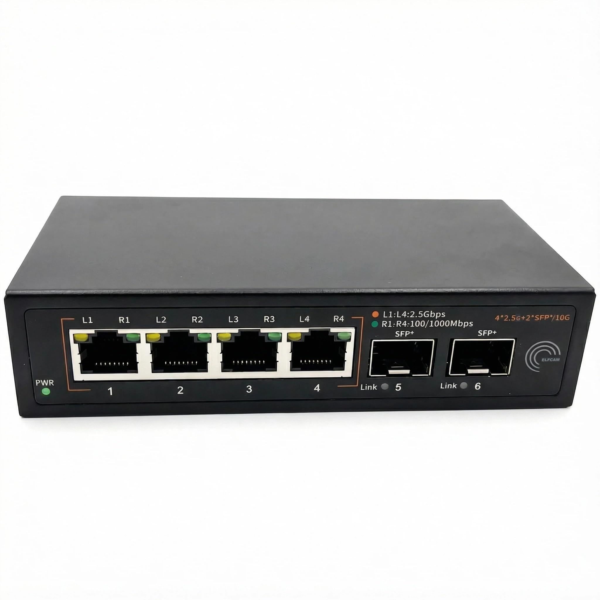 Elfcam 10Gb Fiber Optic Switch - 2 SFP+ and 4 2.5G RJ45 Ports