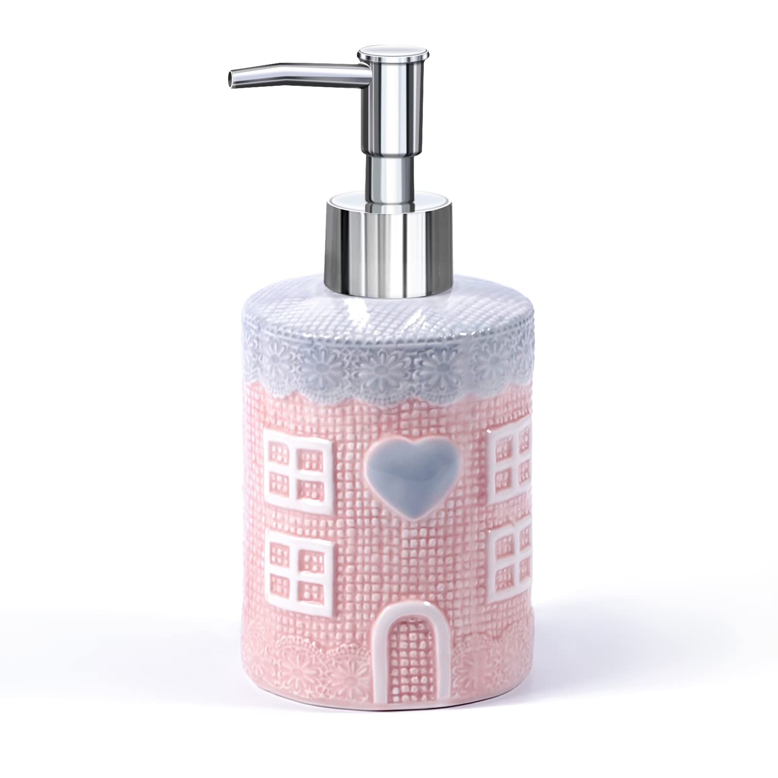Ceramic Soap Dispenser – Pink House Design with Silver Pump