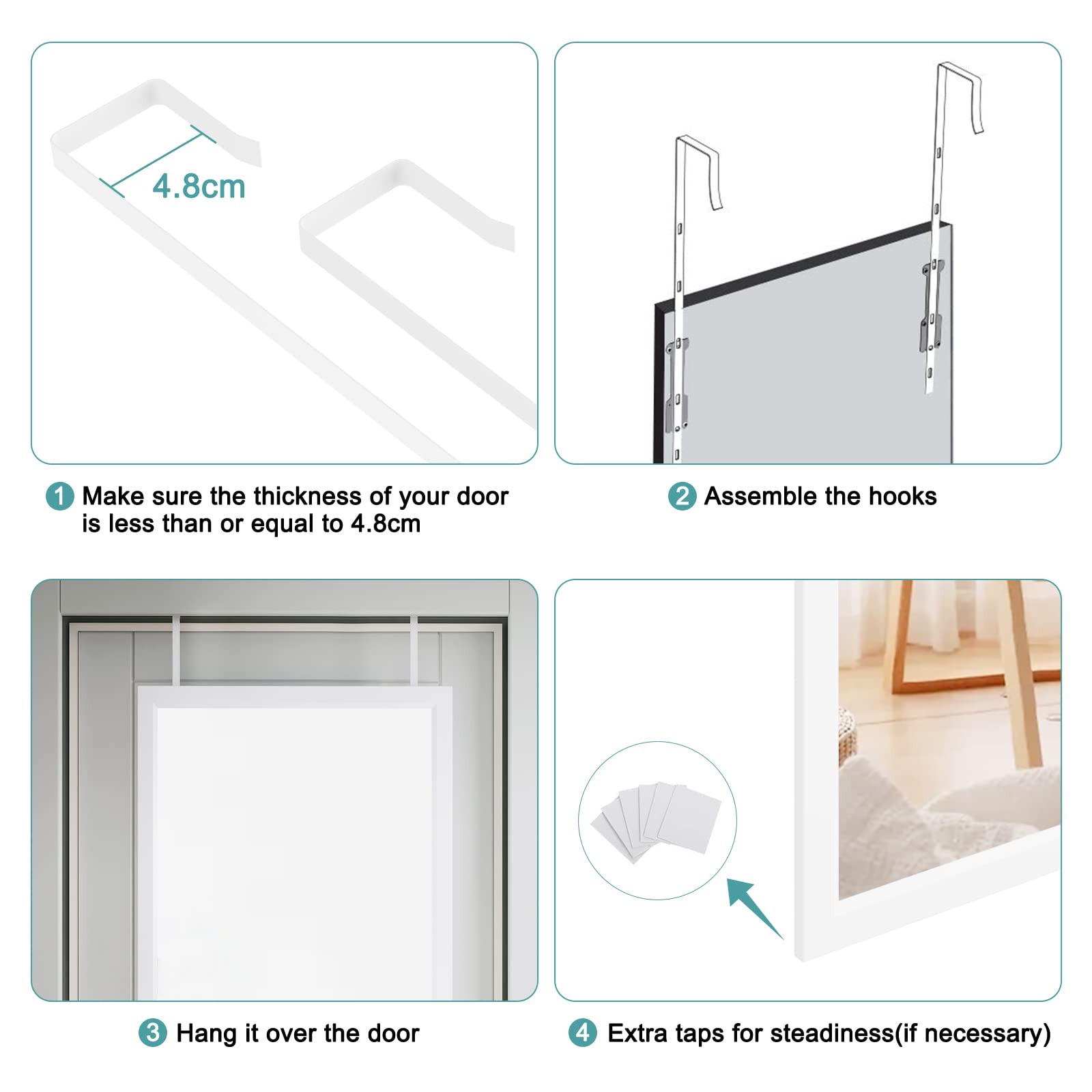 Dripex Full Length Over Door Mirror | 110x45cm Toughened Glass - White