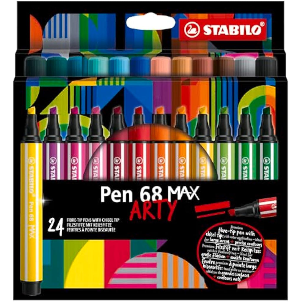 STABILO Pen 68 MAX Chisel Tip Premium Fibre-Tip Pens - 24 Assorted Colours