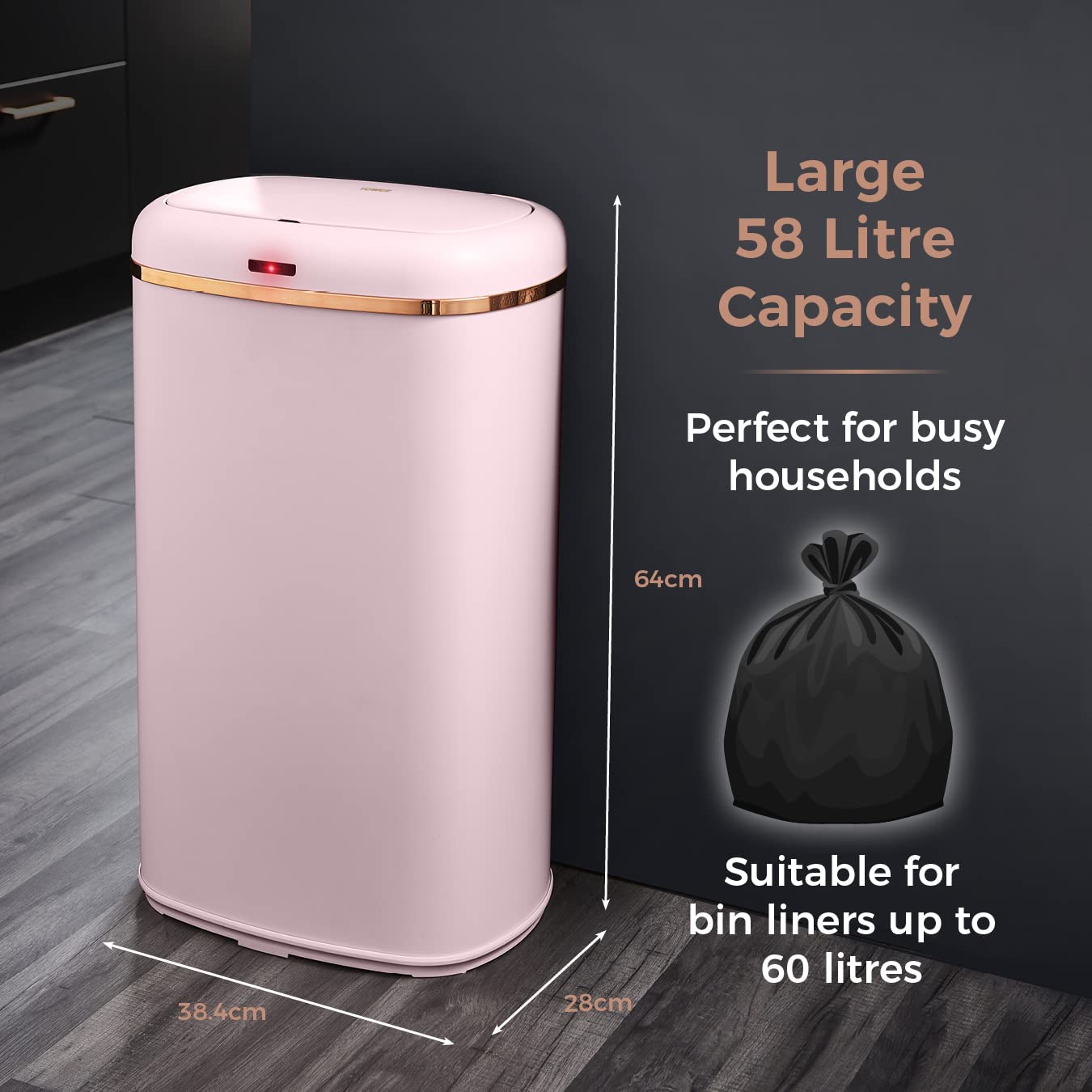 Tower Cavaletto Square Sensor Bin – 58L Large Kitchen Waste Bin, Pink