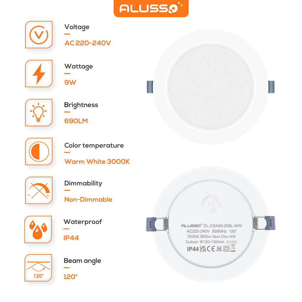 ALUSSO 9W Ultra Slim LED Downlights - 3000K Warm White IP44 (6 Pack)