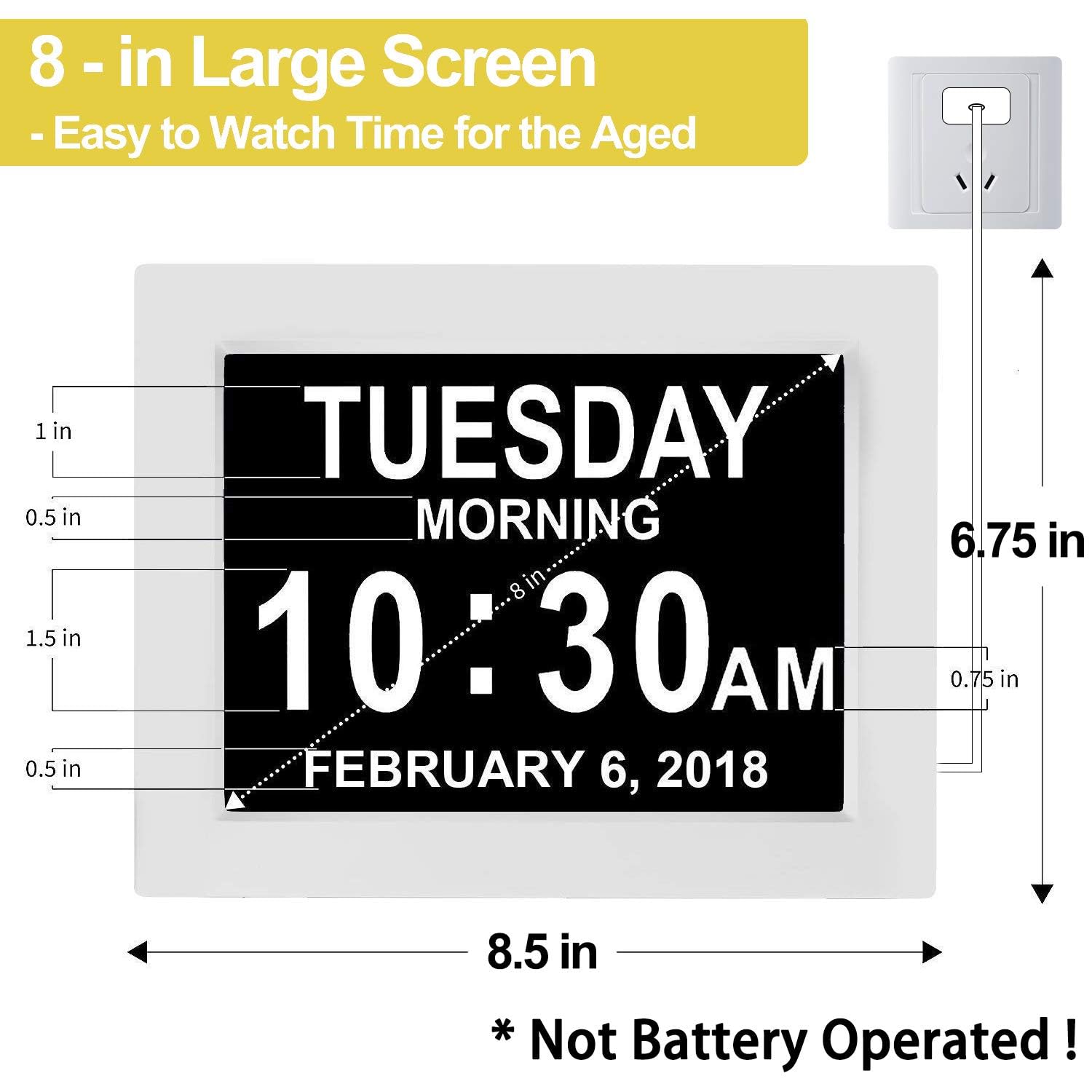 Yuanzeco 8 Inch Digital Calendar Day Clock for Elderly | 15 Alarm Options