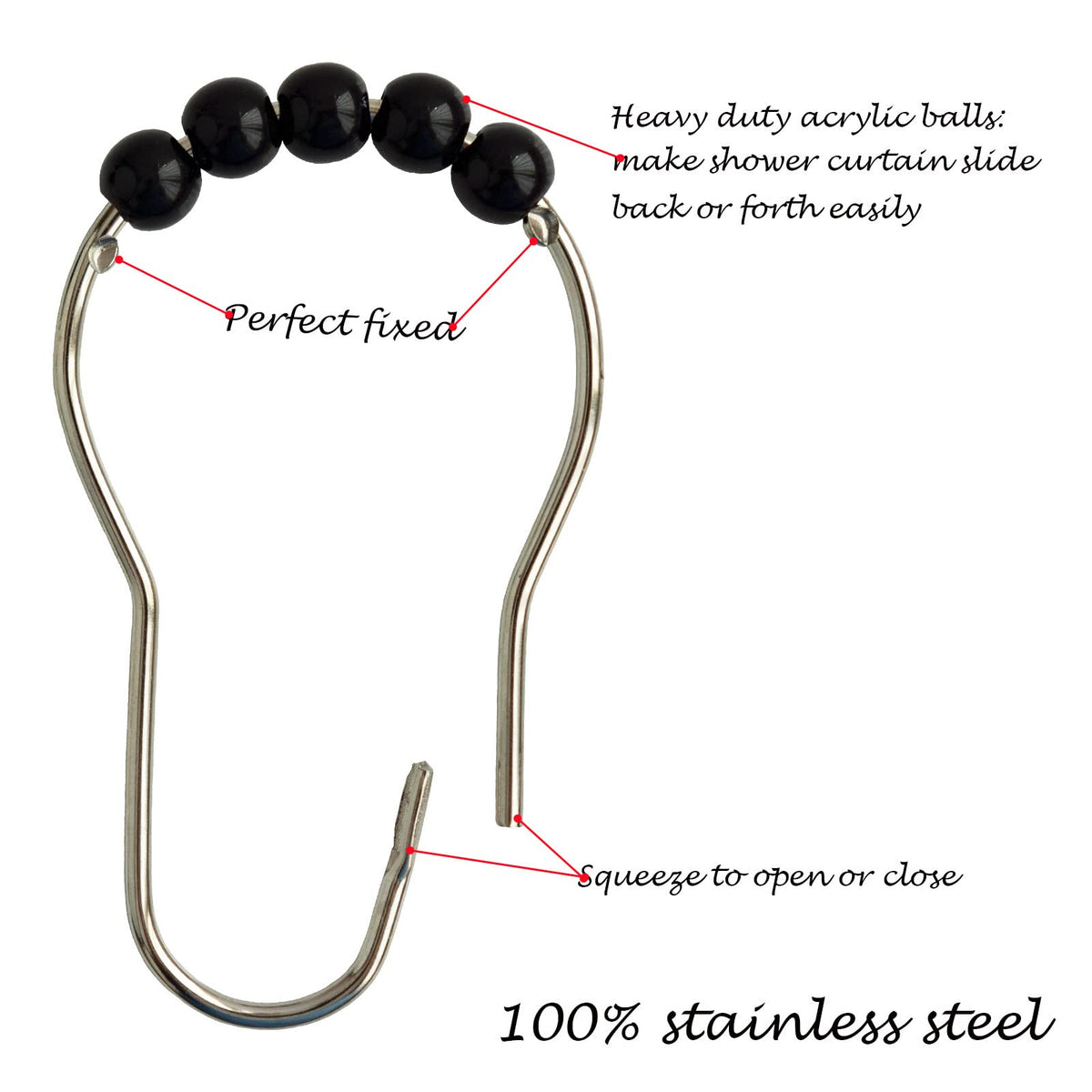 Shower Curtain Hooks Rings Stainless Steel Shower Hooks Black Acrylic roller Balls Rustproof Heavy Duty for Bathroom CurtainBlack