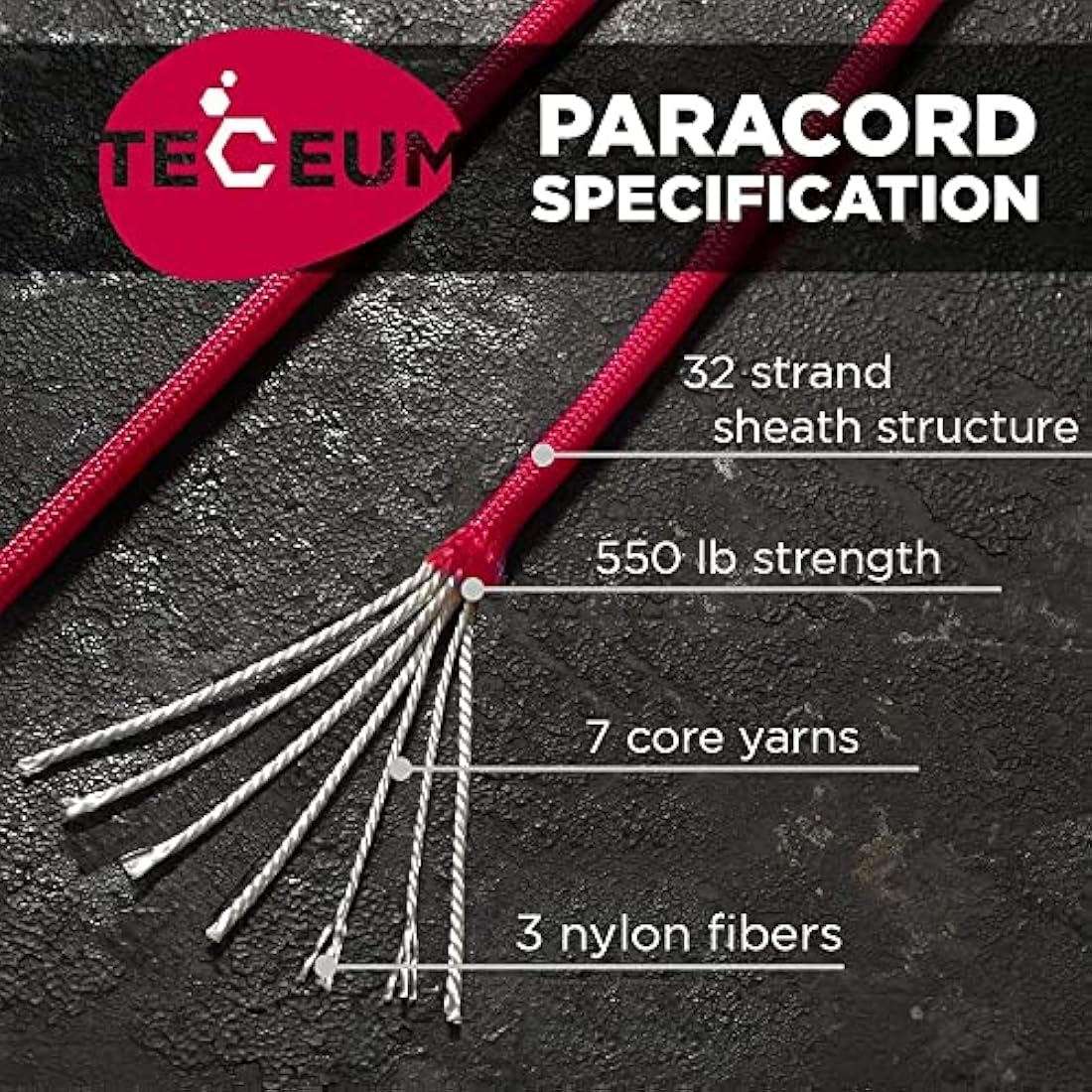 TECEUM 550lb Paracord – 4mm Nylon Tactical Survival Rope for Camping