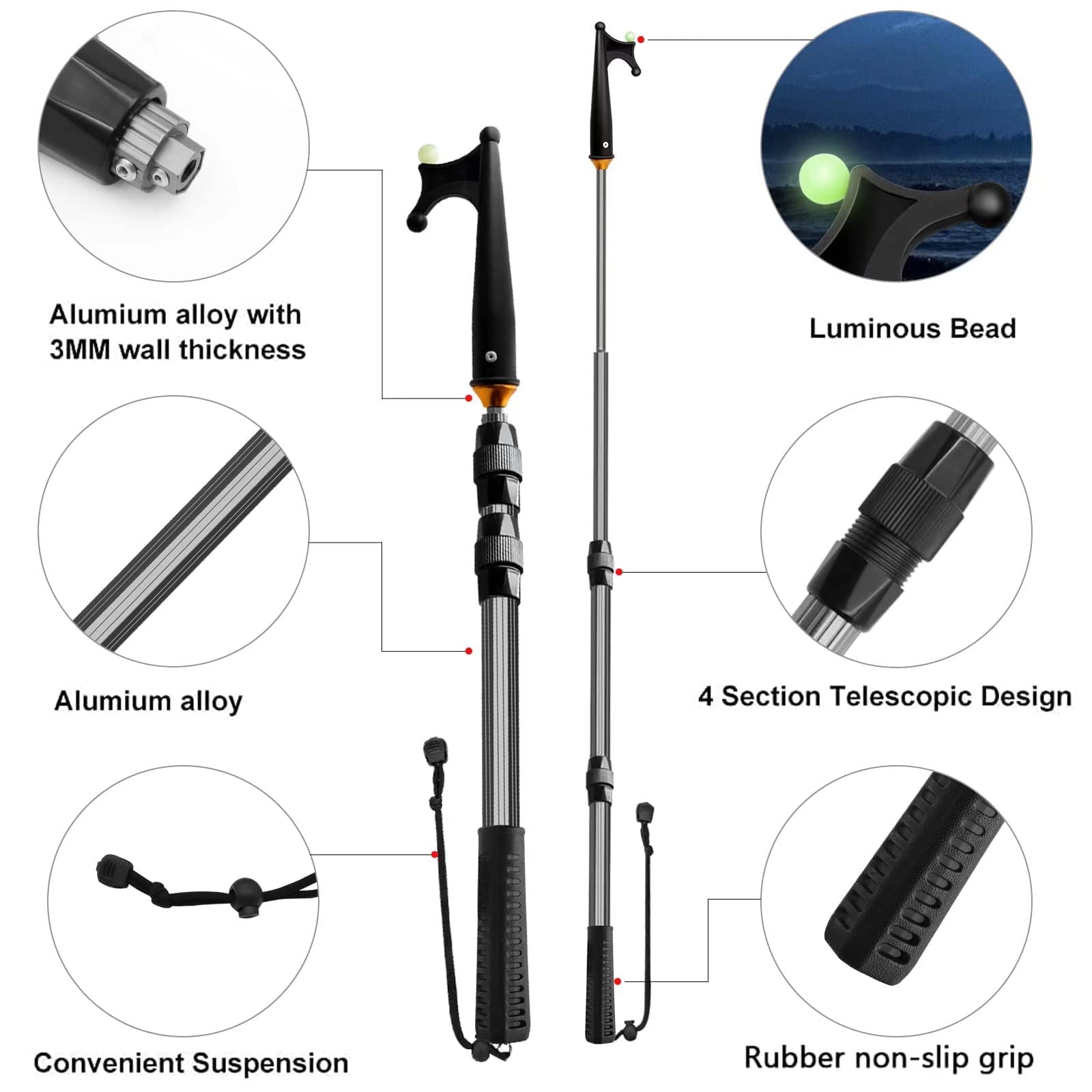 KOMCLUB Telescopic Boat Hook | Luminous 55" Floating Docking Pole