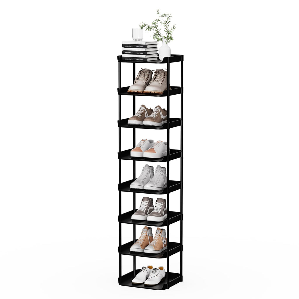 Altdnmaf 8 tier Narrow Shoe Storage Rack, Compact Single Shoerack Stand for Slim Space, Stackable Tall Thin Show Tower, Solid Plastic Shelves