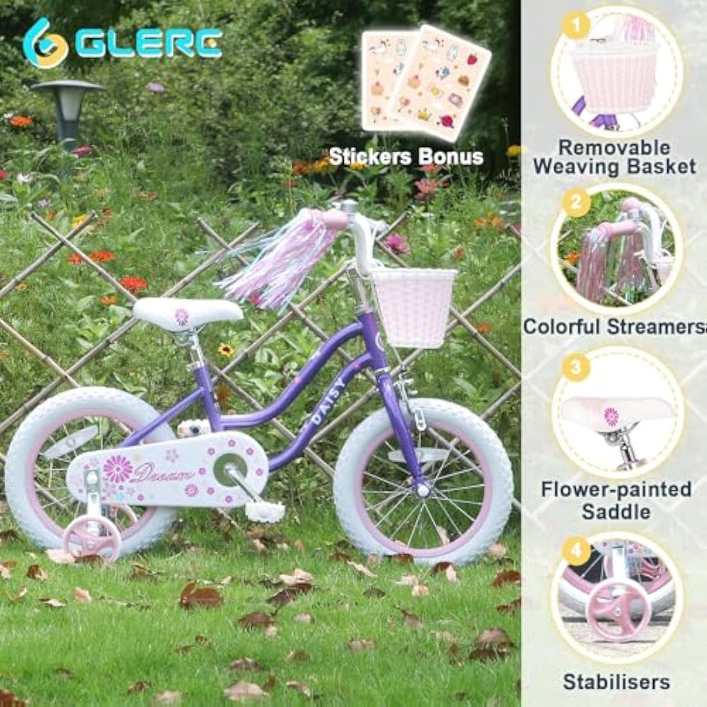 Glerc Daisy 12 Inch Girls Bike with Training Wheels and Basket – Purple