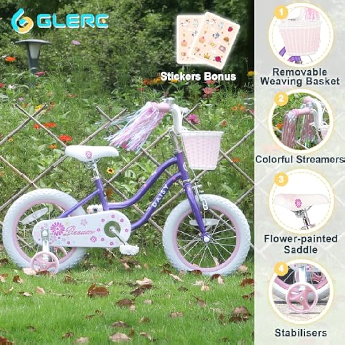 Glerc Daisy 12 Inch Girls Bike with Training Wheels and Basket – Purple