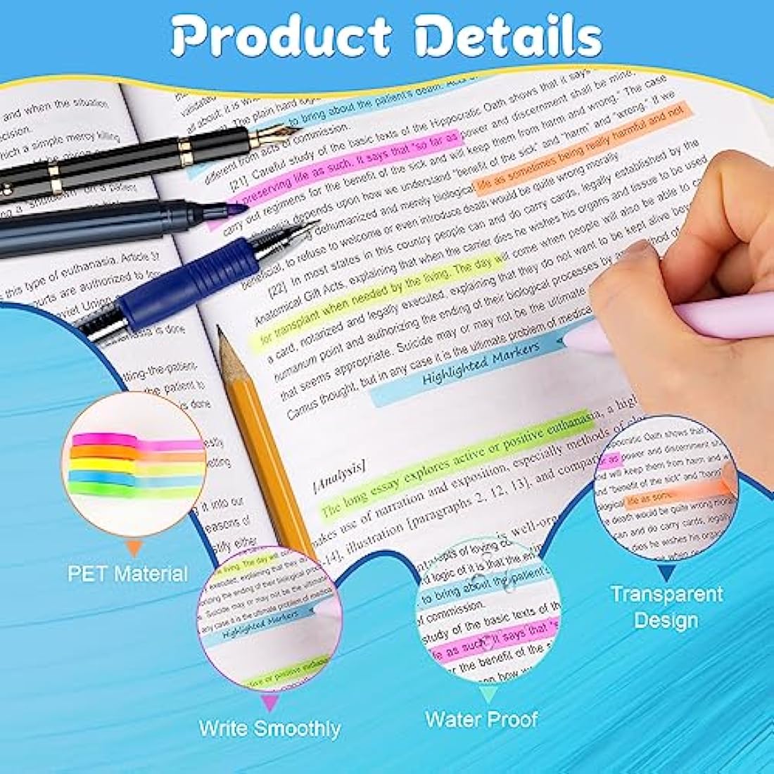 Hoiny Highlighter Tape | 10 Rolls Transparent Sticky Annotation Strips