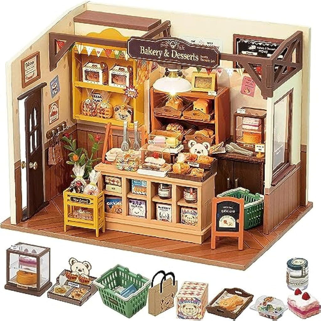 Robotime DIY Miniature Bakery House Kit with LED Lights - 4-Hour Build