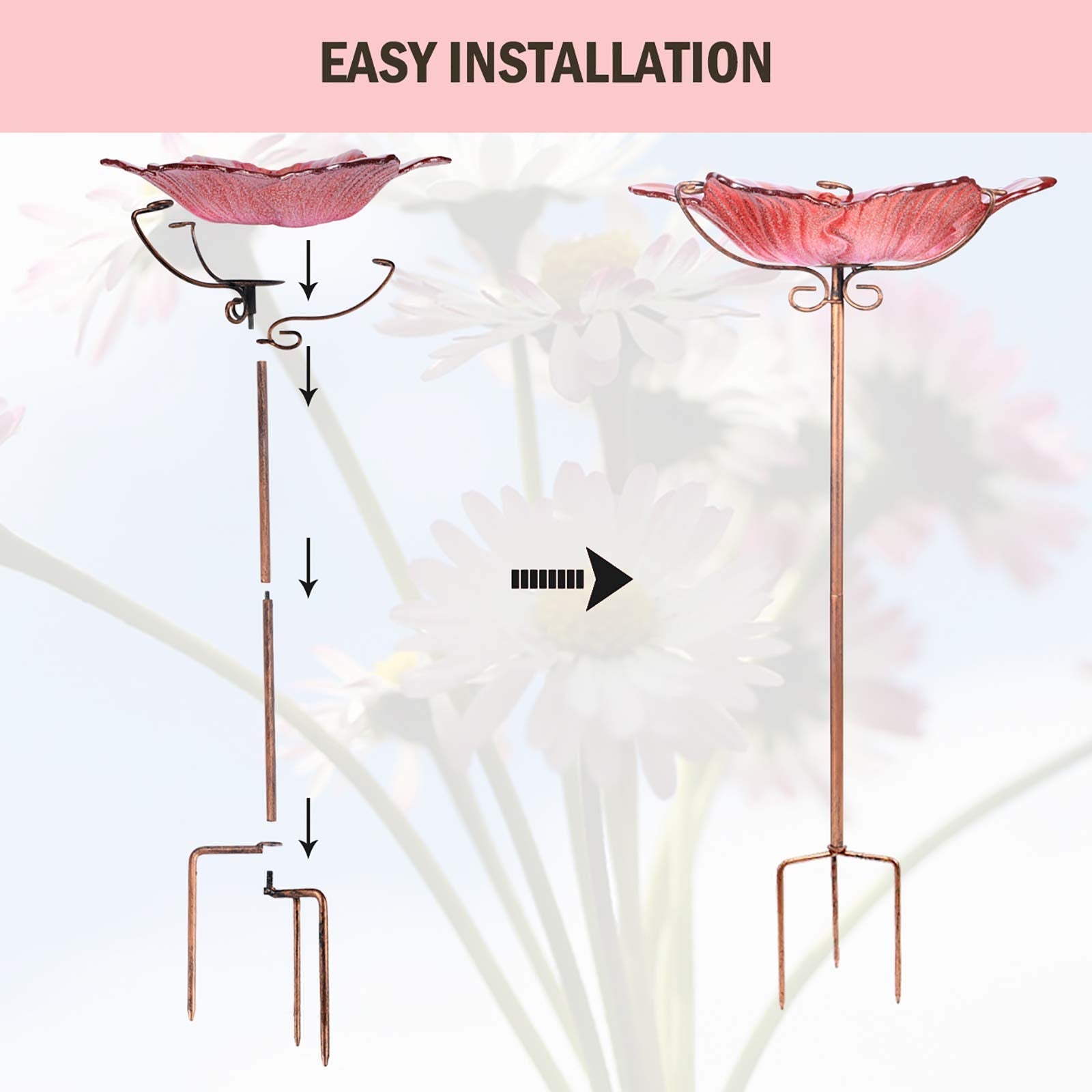 MUMTOP Glass Bird Bath and Feeder – Flower Pattern with Metal Stake, Red