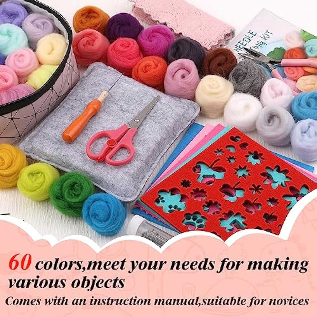 Axmru 60 Colors Needle Felting Kit – 215 Pcs Wool Roving Starter Set