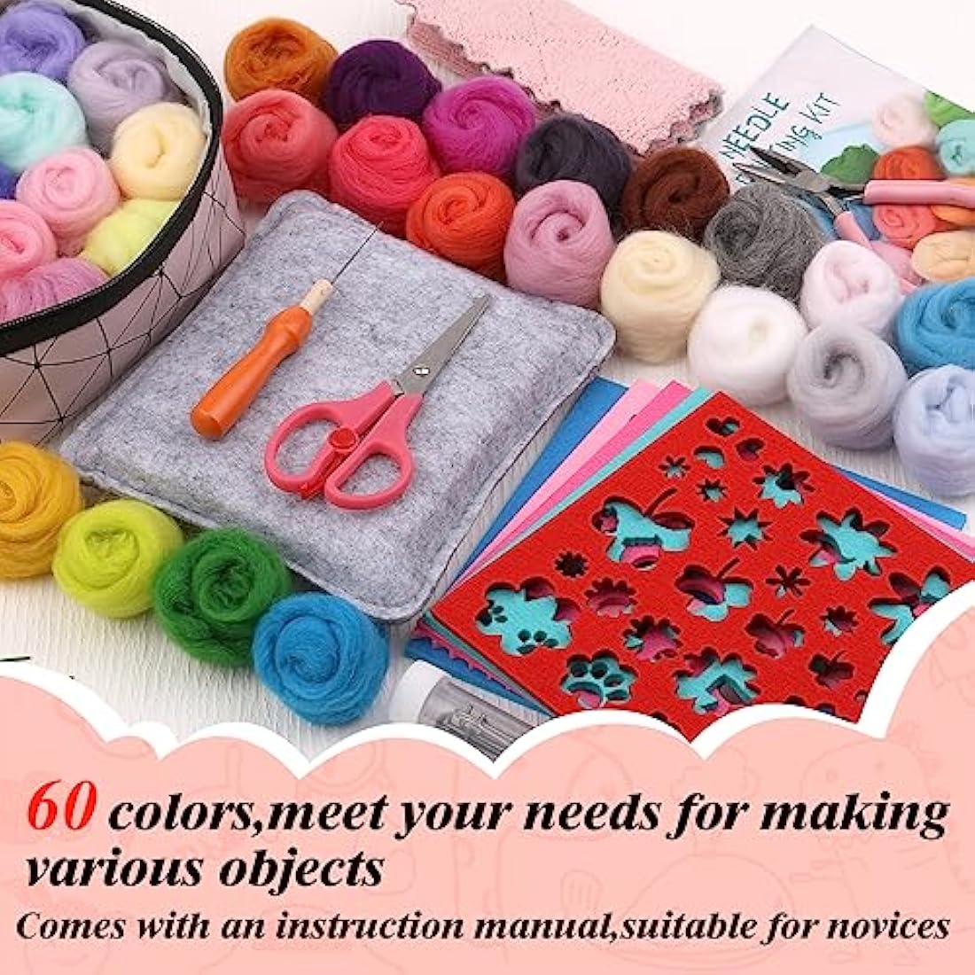 Axmru 60 Colors Needle Felting Kit – 215 Pcs Wool Roving Starter Set