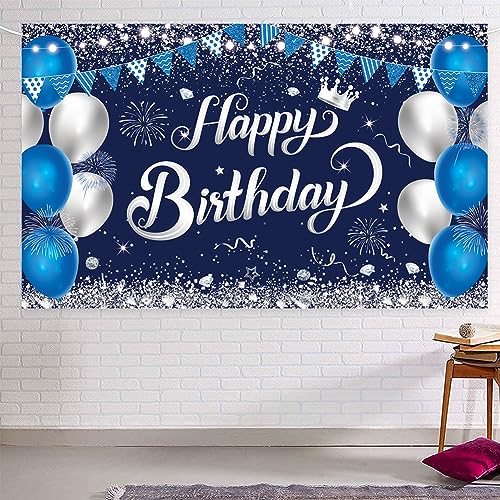 Happy Birthday Banner – Blue & Silver Fabric Party Backdrop
