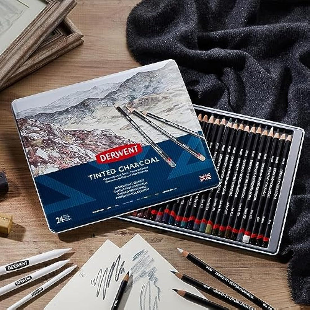 Derwent Tinted Charcoal Pencils - Professional Watersoluble Set of 24