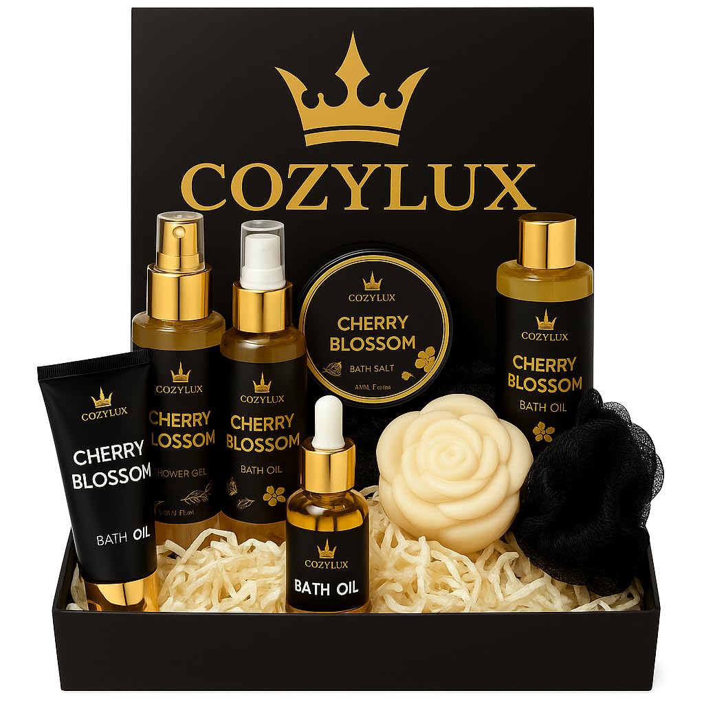 Cozylux Cherry Blossom Spa Gift Set for Women | 8-Piece Bath & Body Kit