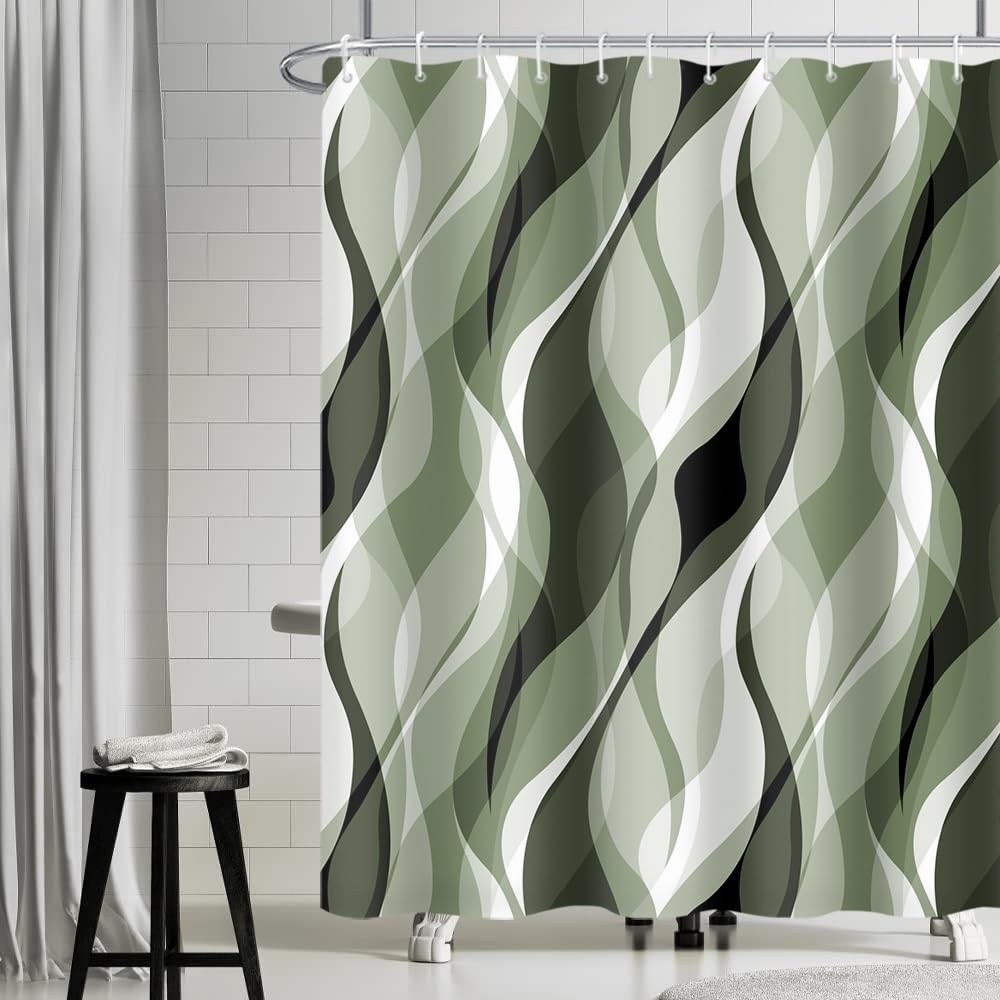 Uiiooazy Olive Green Shower Curtain | Abstract Geometric Waterproof Fabric