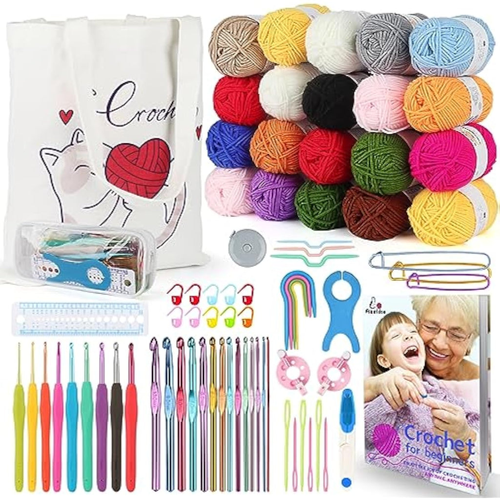 Aeelike Crochet Kit for Beginners - 78pcs Set with 20 Yarn Balls & Tote Bag