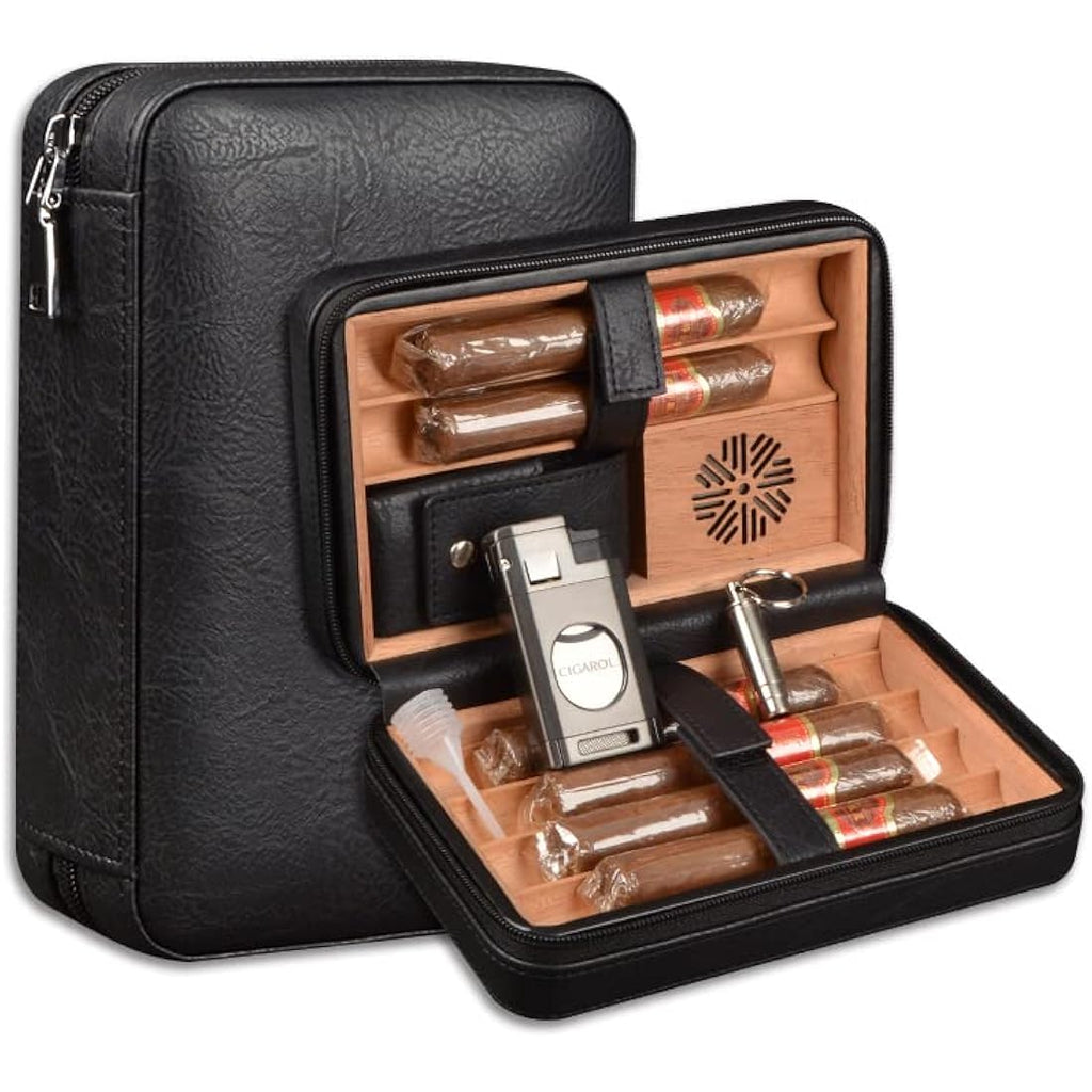 6-Finger Leather Cigar Travel Humidor with Lighter & Cedar Wood