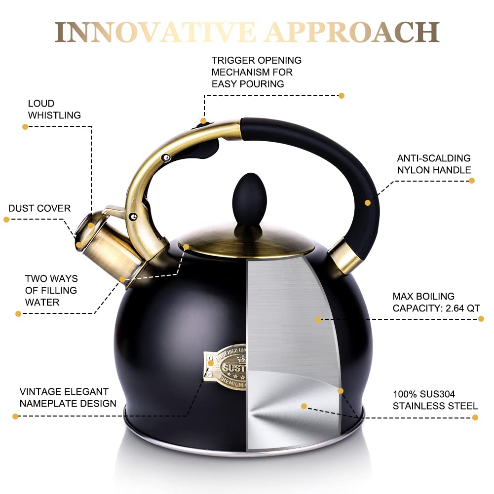 SUSTEAS Whistling Tea Kettle – 3L Stainless Steel Stovetop Teapot, Black