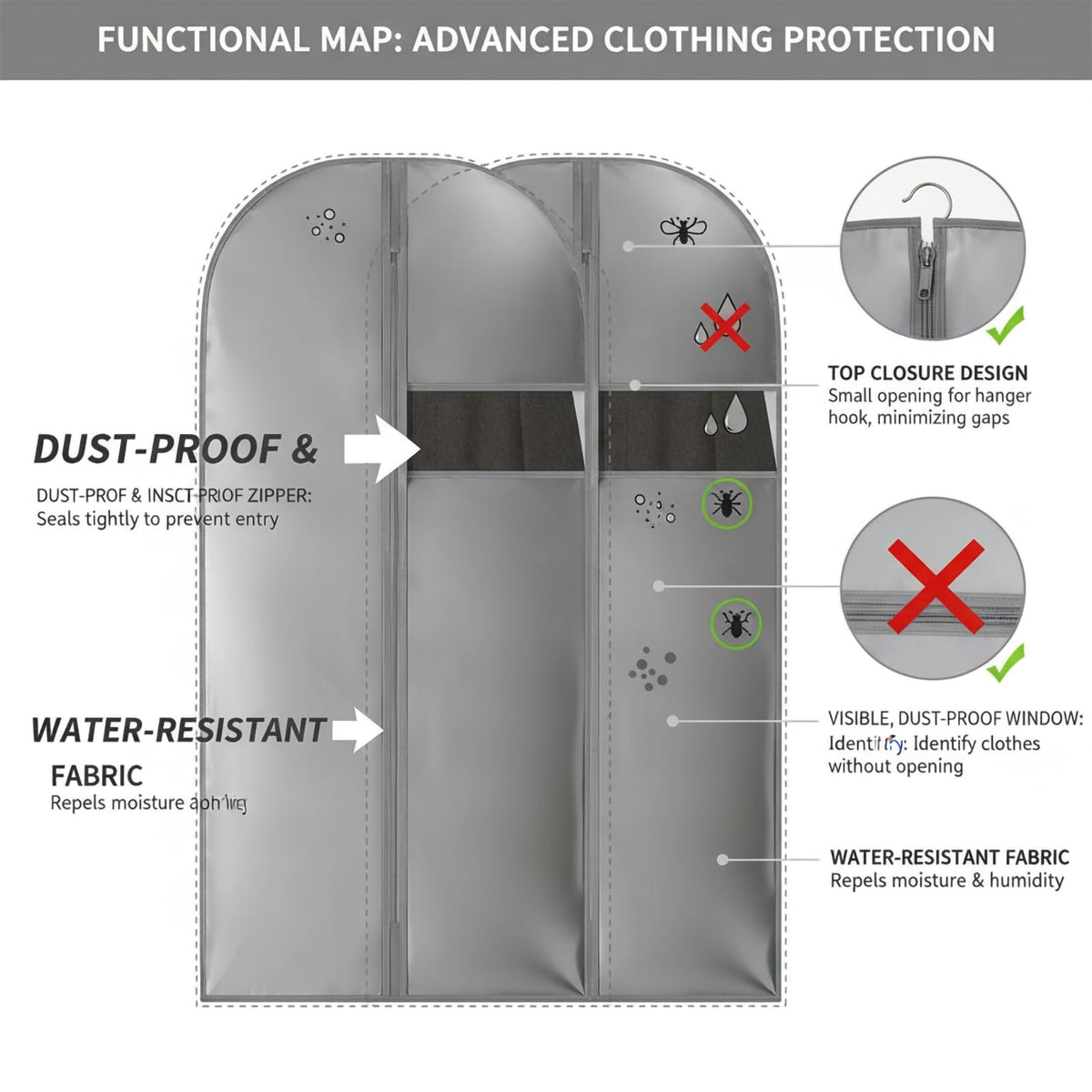 Suit Bag for Hanging Clothes, Suit Covers for Men, Grey, 60x110cm, 2Pcs - image 4