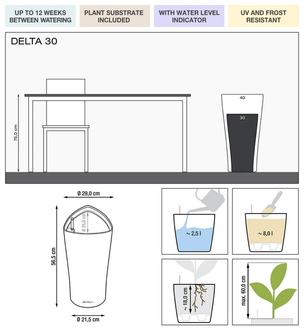 LECHUZA DELTA Premium 30 Self-Watering Planter – Anthracite Metallic