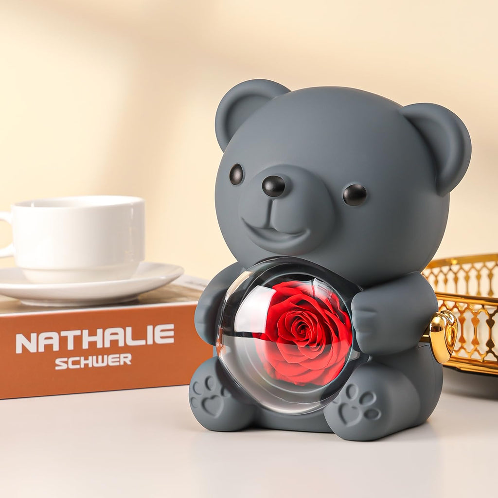 Ariceleo Teddy Bear with Preserved Rose, Jewelry Box & Necklace – Grey