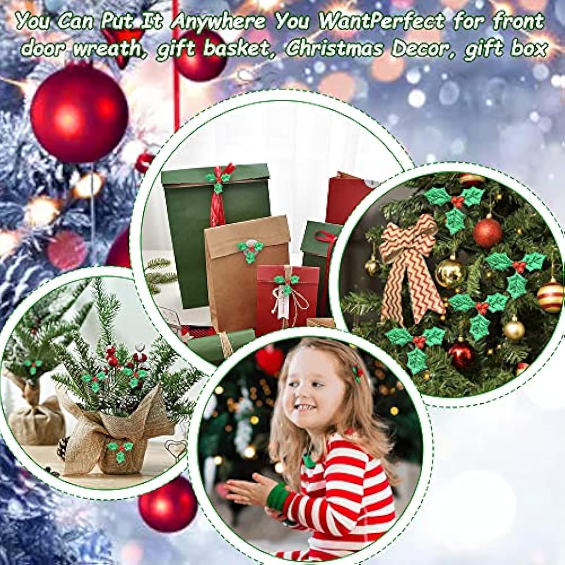 100 Pcs Artificial Holly Berry Leaves for Christmas Crafts