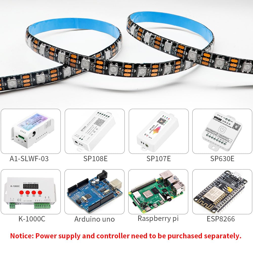 LOAMLIN WS2812B RGB LED Strip – 16.4FT 5050SMD 60Pixels/m IP65 Black PCB
