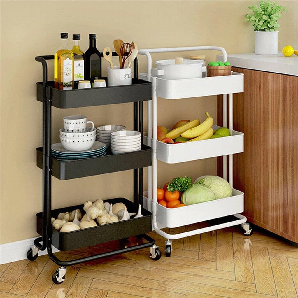 Multibao 3 Tier Storage Trolley on Wheels Cart Kitchen Utility Rolling Rack Tray Shelf for Kitchen Bathroom Laundry and Office Black